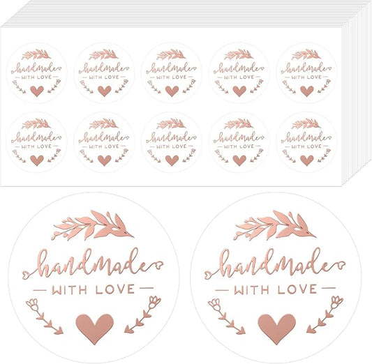 100PCS Handmade with Love Stickers, 1.6" Transparent Rose Gold Foil Labels | Made with Love Stickers for Bakery, Cookies, Boutique, Cake Boxes, Bread, Bakery, Candle, , Small Business
