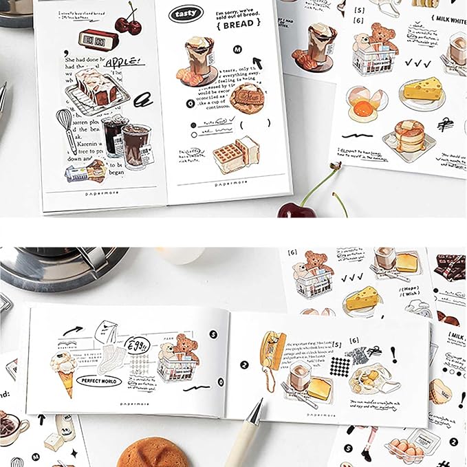 Maxleaf 12Sheets Vintage Adhesive Stickers for Scrapbook Decoration, Retro Foods Bread Fruits Bagel Convenience Store Stickers for Daily Life Diary Album Decoration