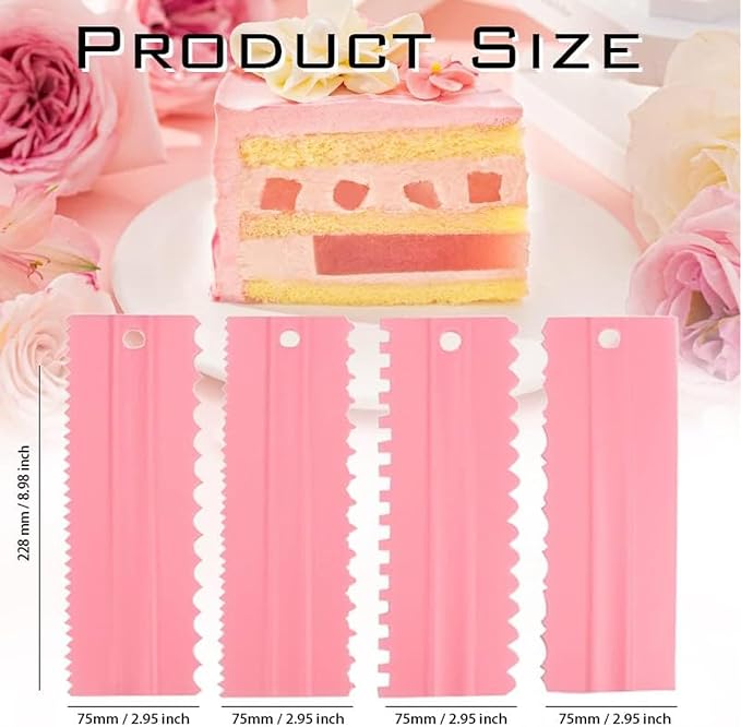 Cake Scrapers Set Pink Decorating Comb and Icing Smoother, Plastic Sawtooth Scraper Polisher Butter Mousse Cream Cake Edge DIY Tool -8 Design Textures (Pink)