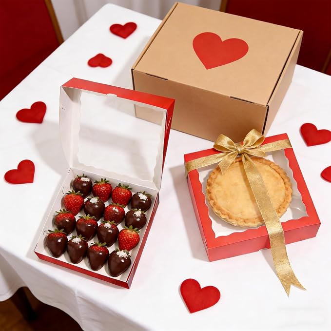 Pie Boxes Red Bakery Boxes with Window (12pcs, 9x9x2.5 Inch) for Christmas: Ideal for Pie, Cookies, Chocolate Covered Strawberries, Breakable Heart & Charcuterie