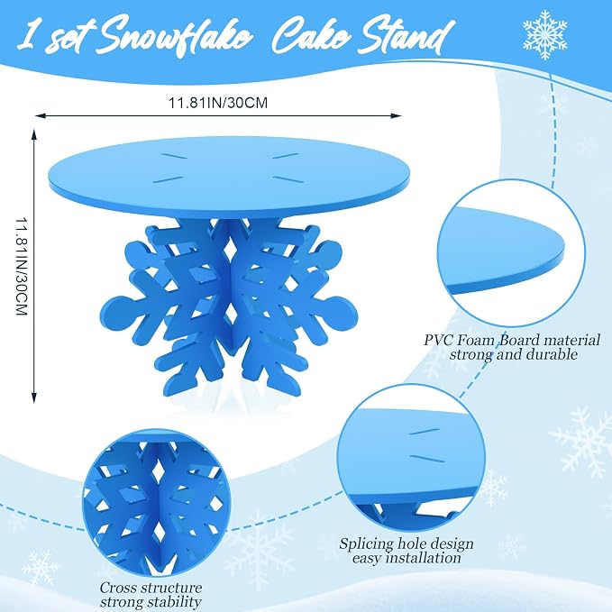 Lallisa 12" Blue Snowflake Frozen Cake Stand 3D Snowflake PVC Cake Decorations with Engraved Snow Themed Holder Winter Dessert Stand Centerpieces for Frozen Winter Birthday Party Supplies