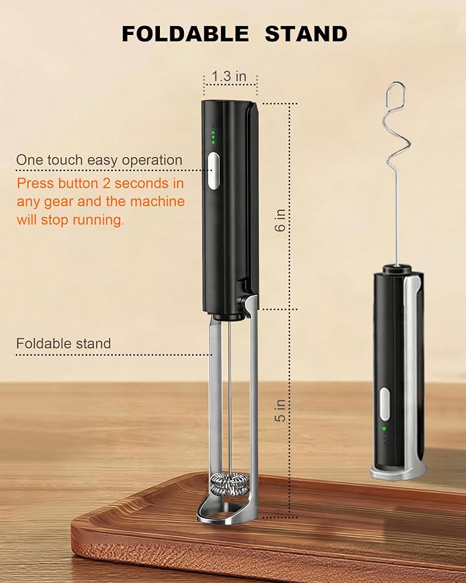 3-Speed Rechargeable Milk Frother Handheld with Stand & 3 Whisks, Dual Coil Whisk Coffee Frother Handheld - Electric Frother Wand for Coffee Matcha Cappuccino, Kitchen Gift Set, Black