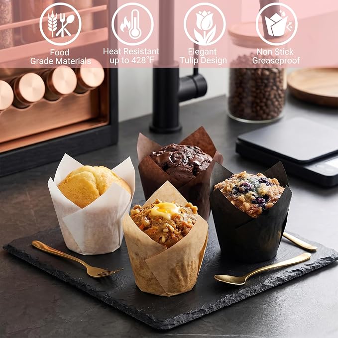 200 Pcs Tulip Cupcake Liners for Baking, White Natural Brown Black | Standard Greaseproof Tulip Muffin Liners for Baking, 3oz Paper Cupcake Wrappers for Party Wedding Birthday