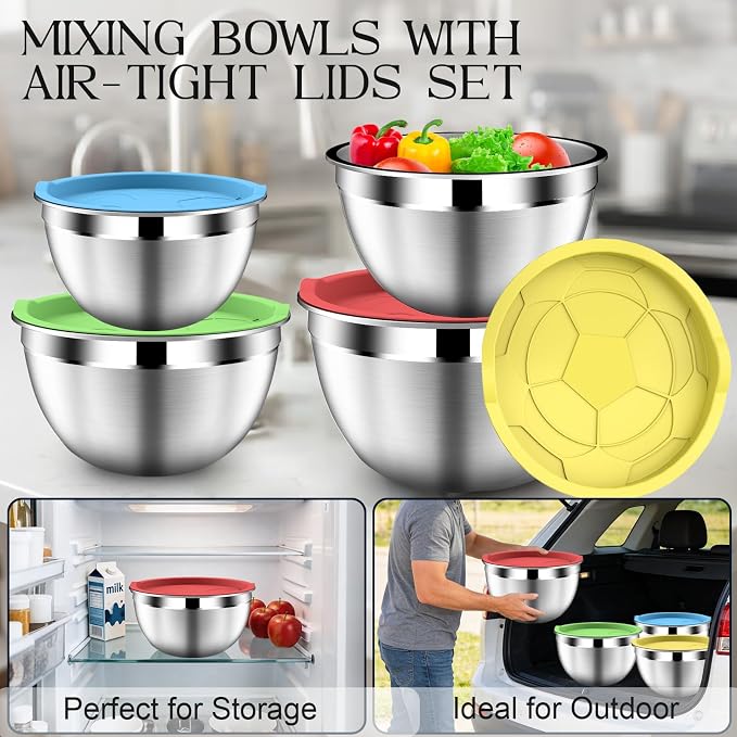 DUTZUN Mixing Bowls with Strainer, Mixing Bowl with Lids Set, Stainless Steel Mixing Bowls, Kitchen Gadgets Salad Bowls with Strainer for Mixing & Preping & Serving, Multicolor