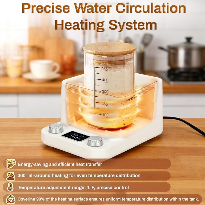 Sourdough Starter Warmer-Constant Temperature Water Bath Sourdough Warmer-1°F Precise Thermostat (70-104°F)-198H Memory Timer Smart Yeast Feeding Heater-Fits Jars Up to 40oz