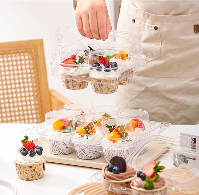 4-Cavity Clear Cupcake Containers,Cupcake Carton With Handle(60pc) | 4-Compartment Cupcake Containers With Handle, TClear Plastic Cupcake Cartons With Lid, Cake Rack For Cake Shops And Bakeries