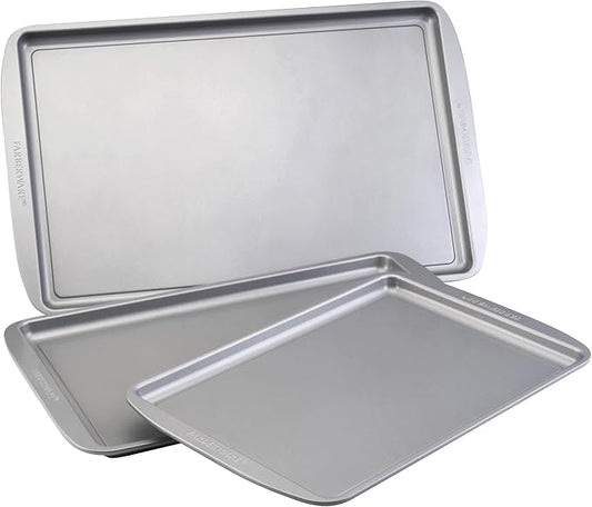 Farberware Nonstick Bakeware 3-Piece Cookie Pan Set, Baking Sheet Set, Gray