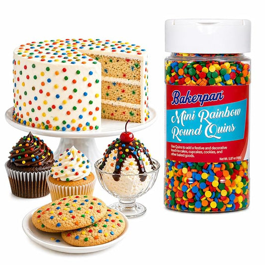 Bakerpan Quins Rainbow Sprinkles for Cake Decorating - 5.87 Ounces - Crunchy Rainbow Edible Confetti Sprinkles for Cupcakes, Ice Cream, Cookies, Cakes