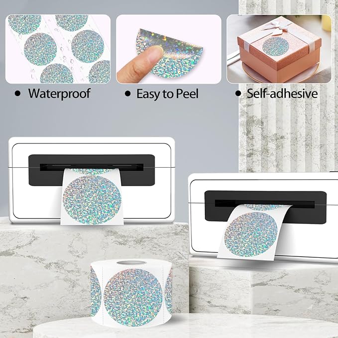 2''Holographic Thermal Label,Round Self-Adhesive Direct Thermal Label,Thermal Stickers for DIY Logo Design,Name Tag (300/Roll Small Dots