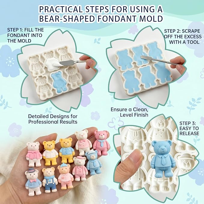 2Pcs 6-Cavity Dressed Bear Silicone Fondant Mold Teddy Bear Candy Molds for Cake Decorating, Cupcake Toppers, Chocolate, Polymer Clay, Jelly, Lollipop, Gender Reveal Desserts