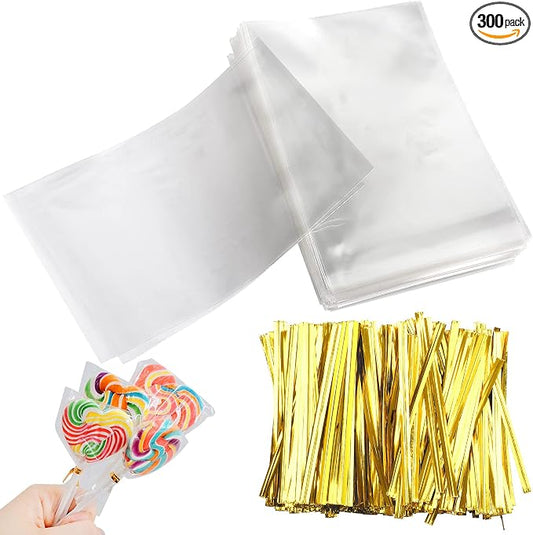 Augshy Cake Pop Bags,300 Pcs 4x6 Inches Clear Treat Cello Bag for lollipop | Individual Packaging Resealable with 300 Twist Ties, 1.4 mils Thickness OPP Plastic Bag for Candy Chocolate Cookie Wrapping