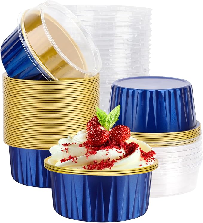 EUSOAR Disposable Ramekins with Lids, Royal Blue 50pcs 5oz Creme Brulee Ramekins Disposable, Muffin Liners Cups Oven Safe Mini Cheesecake Foil Pans Dessert Containers for Party Favor Birthday