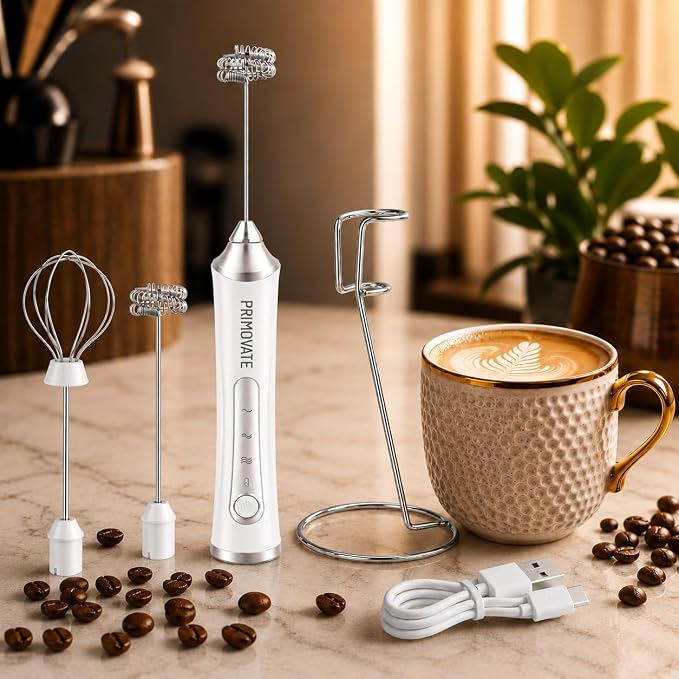 Rechargeable Milk Frother Handheld, Electric Coffee Frother with 2 Whisk, 3-Speed Powerful Drink Mixer, USB-C, Milk Foamer for Coffee,Latte,Cappuccino,Matcha & HotChocolate(White + Stand)