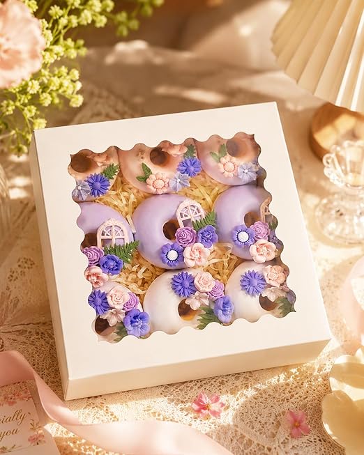 Bakepacker 90pcs White Pie Boxes 8x8x2.5 inches Easy Assemble Macaroon Cookie Boxes Bakery Boxes with Window for Bakery (Auto-pop Up)