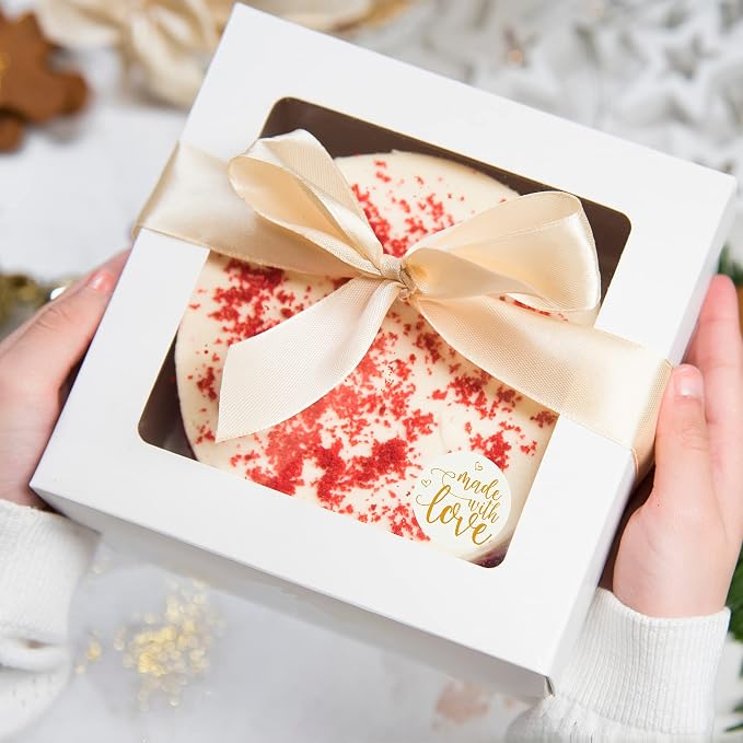 Cake Boxes 8x8x4 Inch 25 Pack with Window, 30 Bonus Sticker, Auto Popup, Extra Thick, Oil Resistant, Ideal for Cookie, Pie, Treat, Pastry, Bakery,For Home Cooker and Restaurant, White