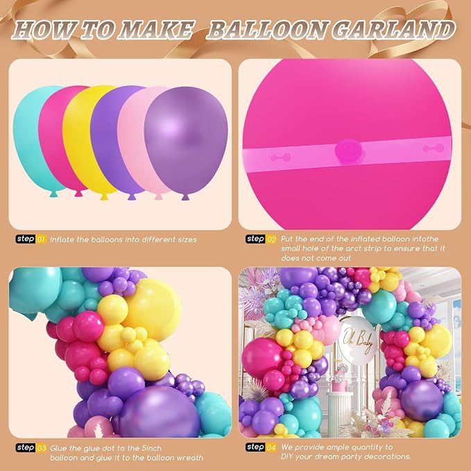 412pcs Purple Blue Pink Balloon Garland Arch Kit, 18 12 10 5 inch Different Sizes Hot Pink Metallic Purple Teal Yellow Balloons for Kid Magic Baby Shower Birthday Engagement Party Decoration