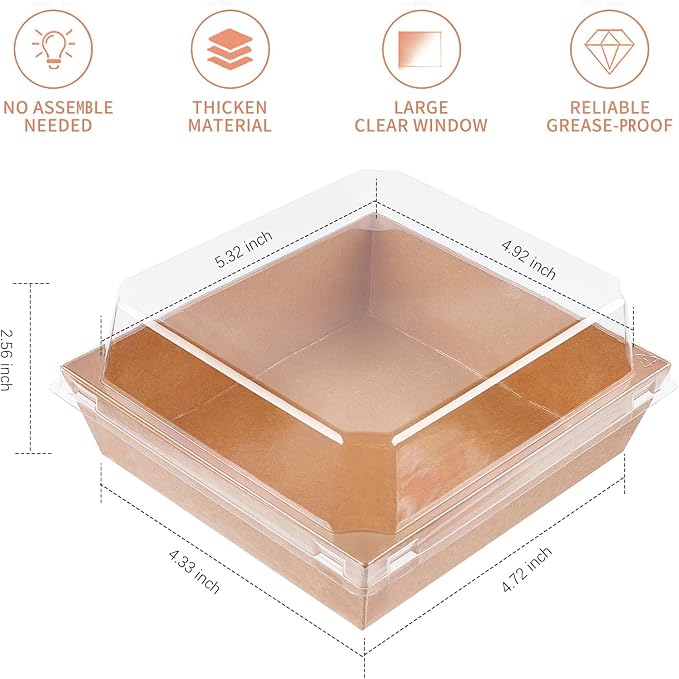 Ocmoiy Small Charcuterie Boxes with Clear Lids, To Go Paper Disposable Food Containers, 5 Inches Bakery Dessert Boxes for Sandwich, Cookie, Pastry, Cake Slice (Brown, 50ct)
