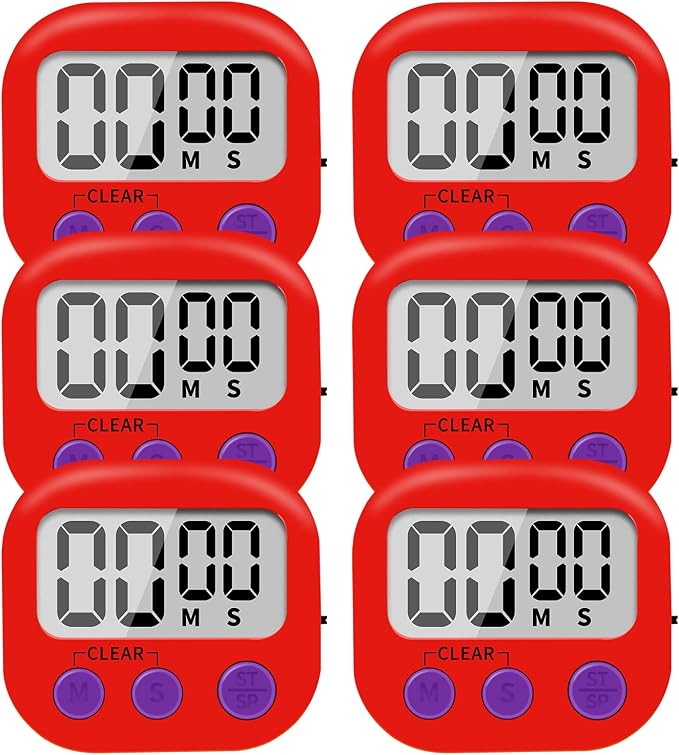 6 Pack Small Digital Kitchen Timer Magnetic Back and ON/Off Switch,Minute Second Count Up Countdown (Red)