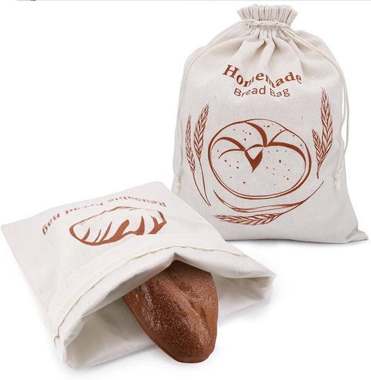 2 Pack Reusable Linen Bread Storage Bags with Plastic Lining, Sourdough Bread Keeper for Home Bakers, 12x15 Inch (2 patterns)