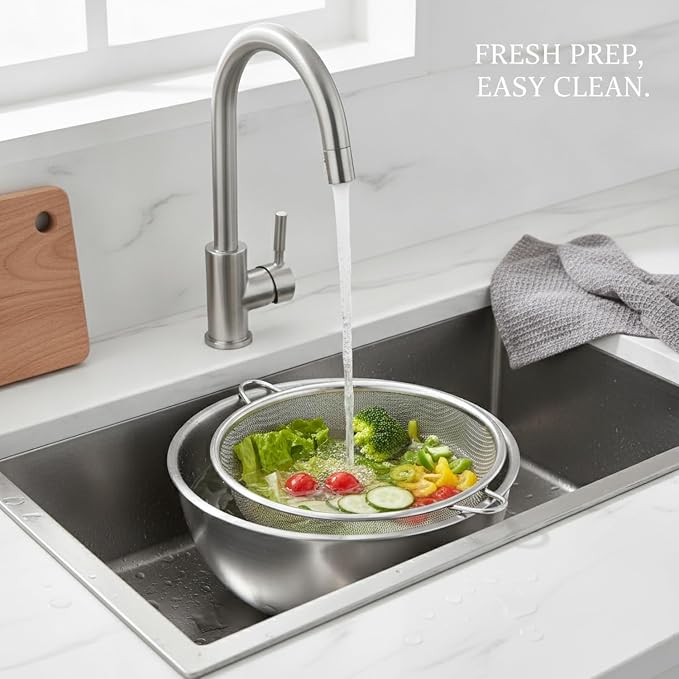 Stainless Steel Mixing Bowl Set with Nested Strainer for Washing, Draining, and Food Prep