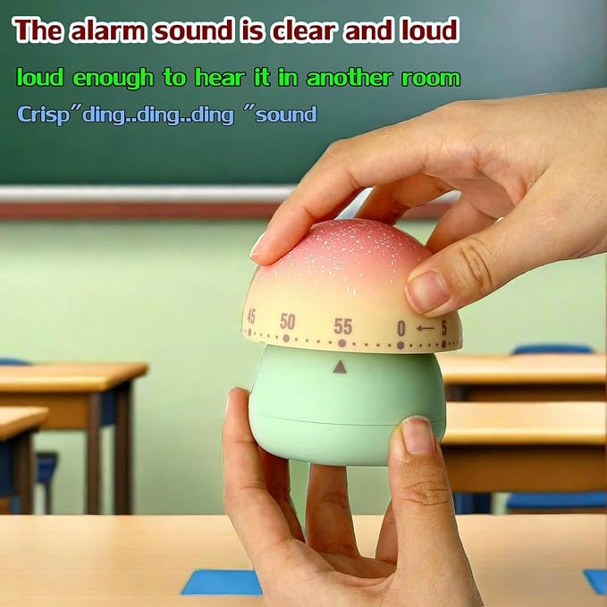 Mechanical Kitchen Timer, Cute Mushroom Timers for Kids, Wind Up 60 Minutes Manual Countdown Timer for Classroom, Home, Study and Cooking (Green Base)