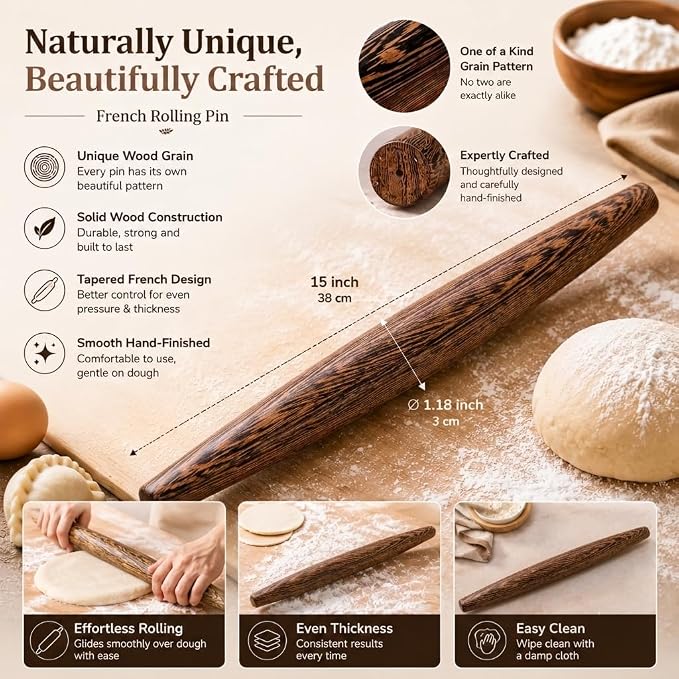 15.75 Inch French Rolling Pin – Smooth & Balanced Wooden Dough Roller for Baking and Pastry, Distinctive Feathered Grain Beauty
