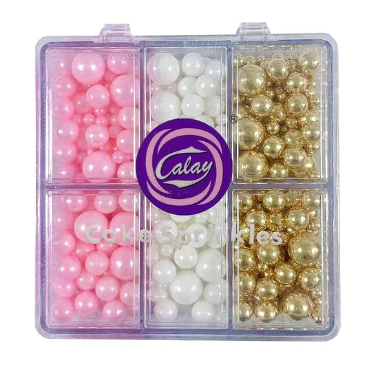 Sentovac Pink White Gold Pearls Sprinkles 4 Size（2mm 4mm 7mm 1cm）Mix for Cake Decorating Candy Cupcake Cake Topper Cookie Baking Decorations Supplies