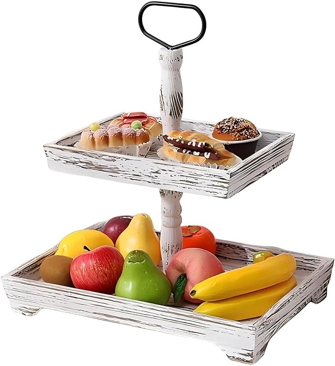 Farmhouse 2 Tiered Tray Stand for Home Decor, Wooden Serving Tiered Tray for Coffee Bar Table Centerpiece, Decorative Trays Kit for Countryside, Round Rustic Stand for Cake Cupcake (Washing White)