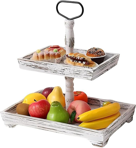 Farmhouse 2 Tiered Tray Stand for Home Decor, Wooden Serving Tiered Tray for Coffee Bar Table Centerpiece, Decorative Trays Kit for Countryside, Round Rustic Stand for Cake Cupcake (Washing White)