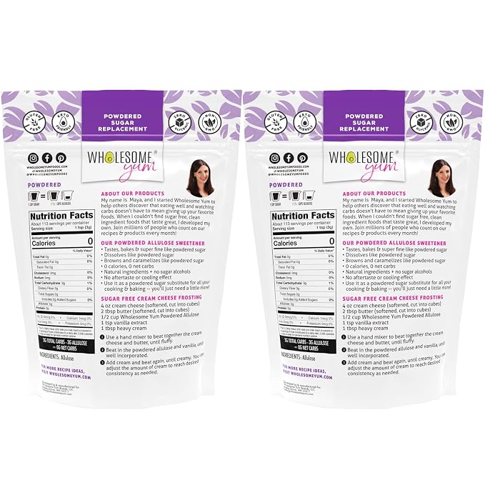 Wholesome Yum Powdered Allulose Sweetener - Natural Keto Powdered Sugar Substitute - Non GMO, Zero Carb, 0 Calorie, Sugar Free, No Aftertaste - Confectioners Sugar Replacement (12 oz, 2 Pack)