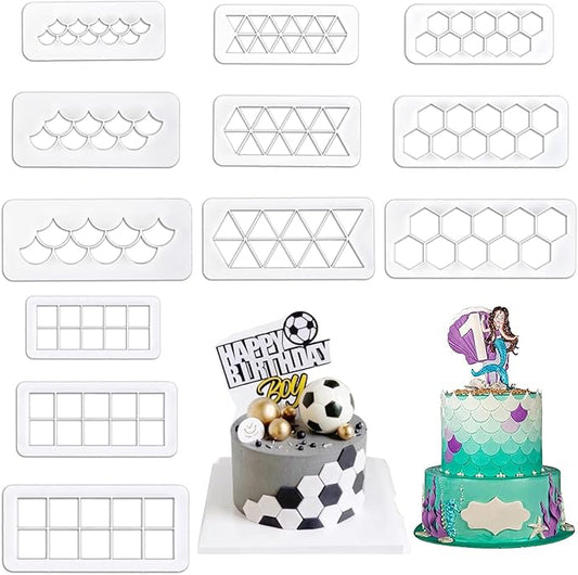 12 Pcs Cake Fondant Cutter, Fish Scale Fondant Cutters 4 Size Geometric Biscuit Cutters Cake Decorating Cookie Cutter Cake Border Decorating Tool for Square & Hexagon Cookie Cutters