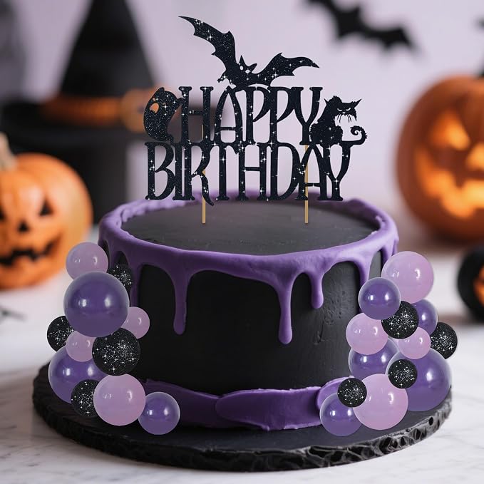 BEISHIDA 42 Pcs Cake Topper with Mini Balls, Halloween Cake Toppers, Cake Decorations for Halloween Birthday Party, Wednesday Theme Party Decor (Black, Purple)