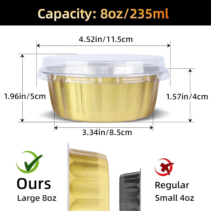 Beasea Disposable Ramekins with Lids, 120 Pack 8 oz 4 Inch Mini Gold Aluminum Foil Creme Brulee Baking Cups Small Round Cupcake Tart Pie Tins Pans Individual Containers Oven Safe for Baking