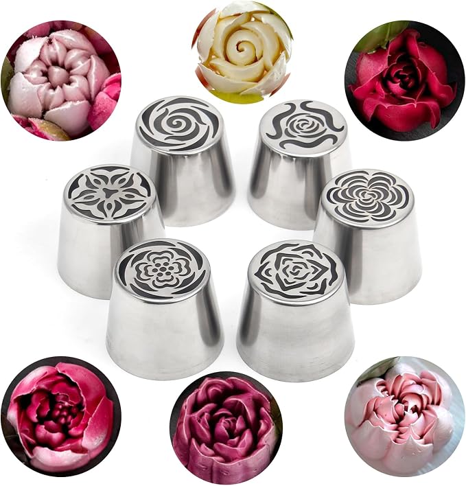 9Pcs Extra Large Russian Piping Tips Set, Stainless Steel Rose Flower Nozzles for Cake Decorating Baking Tools, Includes 6 Extra Large Flower Tips, 2 Leaf Tips, 1 Piping Bag Adapter