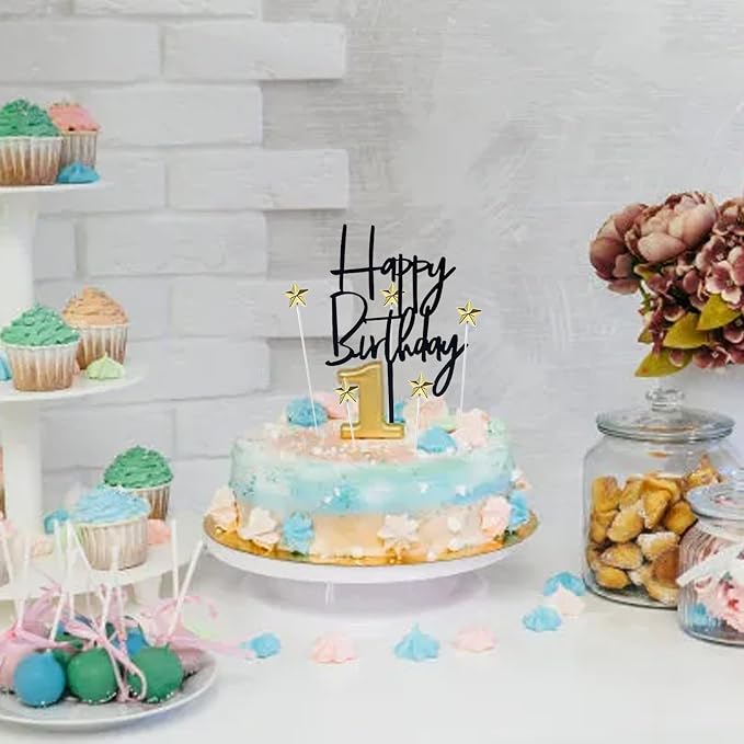 ZHENGYE Set of 1 Black Acrylic Happy birthday Cake Topper And 5 pcs glod Star Cupcake Topper Cake Decoration Supplies for Baby Shower Birthday Decorations(Black 15)
