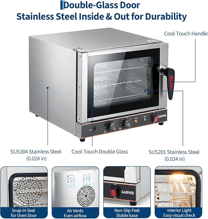 Commercial 22L Convection Countertop Oven - 2400W 3-Tier Electric Toaster Oven with 360° Hot Air Circulation - Stainless Steel Baking Oven with Temp Control (122-572°f) & Timer