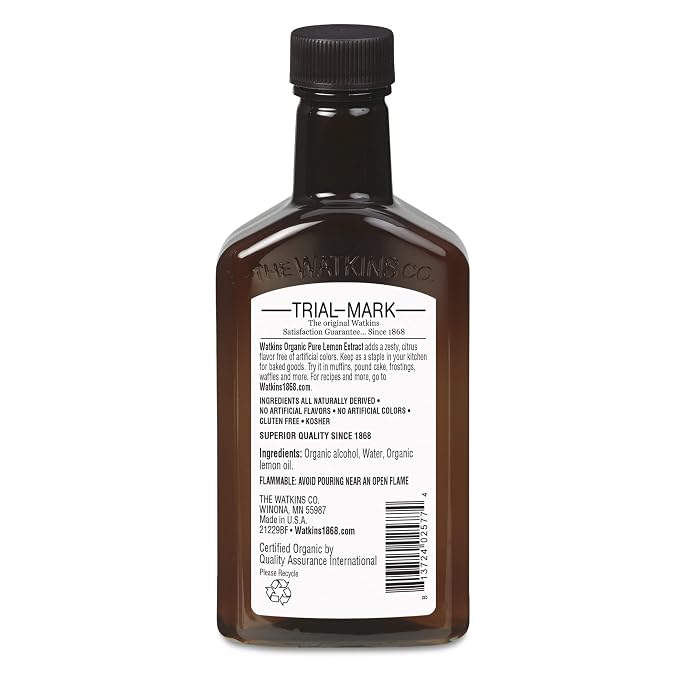 Watkins Organic Pure Lemon Extract, Non-GMO, Kosher, 4 oz. Bottle, 1-Pack