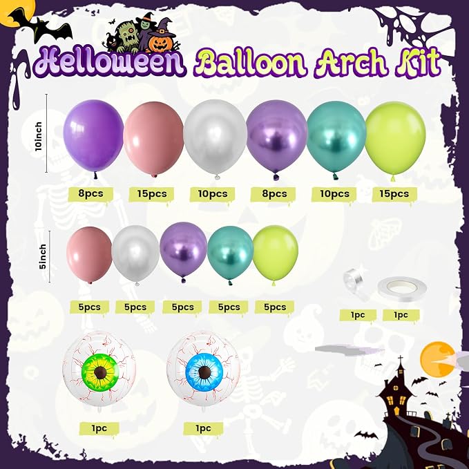 Halloween Balloon Arch Garland Kit, Pink Green Purple Balloons With Blue Green Eyeball Foil Balloons For Halloween Ghost Masquerade Spooky Vampire Scary Themed Birthday Party Decorations