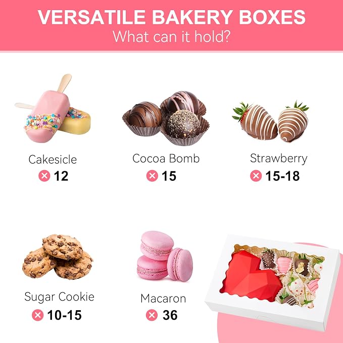 Kucoele Bakery Boxes with Window, 12x8x2.5 Inches, 20 PCS, White | Auto-Popup, Pastry Boxes, Treat Boxes, For Chocolate Covered Strawberries, Cookies, Muffins, Donuts, Breakable Hearts