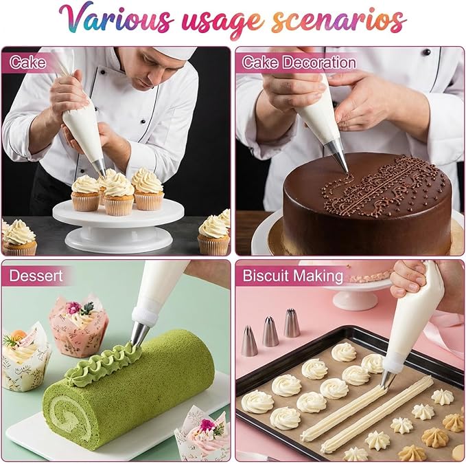 9 PCS Frosting Piping Kit, Reusable Piping Bags and Tips Set, Reusable Pastry Bags with 6pcs Large Stainless Icing Tips, Bag Couplers, Cleaning Brush, Professional Baking Kit for Cakes, Cookies