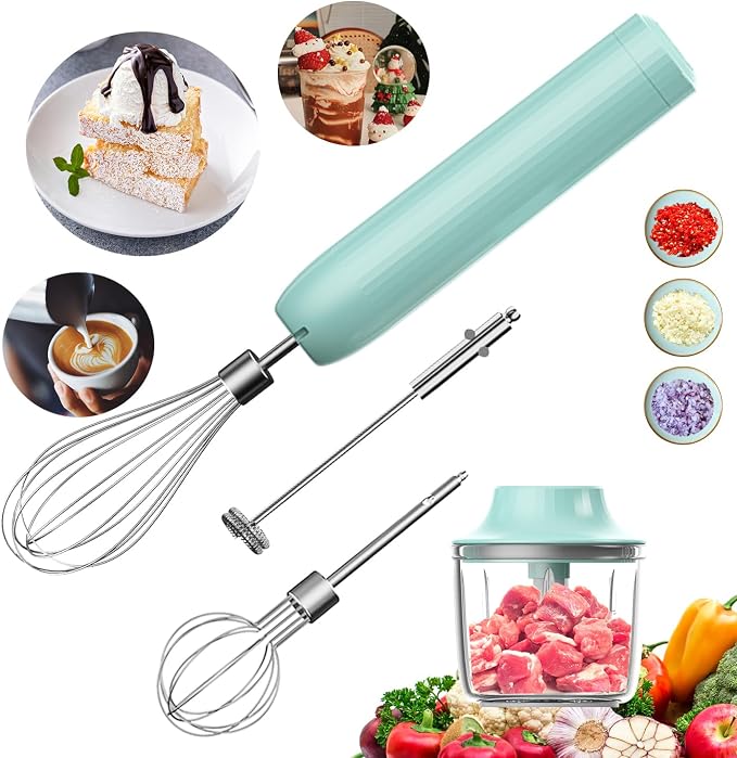 Hand Mixer with Whisk and Forther Wand,Electric Whisk, Milk Frother, Hand Held Mixers,Cordless Hand Mixer, Whisks for Cooking, Mini Mixer,Stirrers Electric,Food Chopper, Baby Food Maker,4-Speed, 10Oz