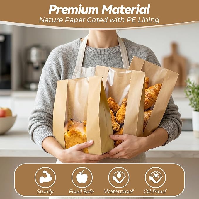 Tripho 50 Pcs Bread Bags for Homemade Bread with Clear Window & 60 Stickers, Sourdough Bread Bags for Storage of Bread,Cookies & Snacks, Large Bakery Paper Bags