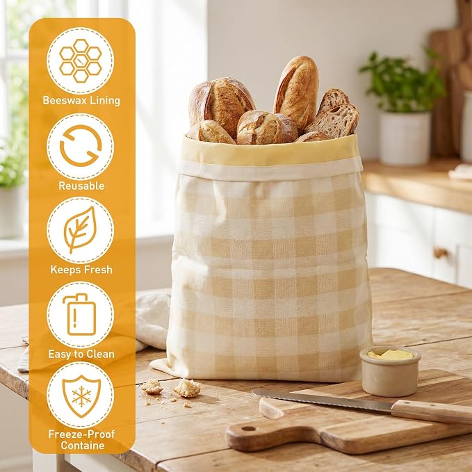 2 Pcs XL Beeswax Bread Bags for Sourdough Reusable 13” x 17” Large Bread Bags with Improved Beeswax Coating Food Wraps for Mother's Day Homemade Loaf Fresh Freezer(Yellow White Checkered)