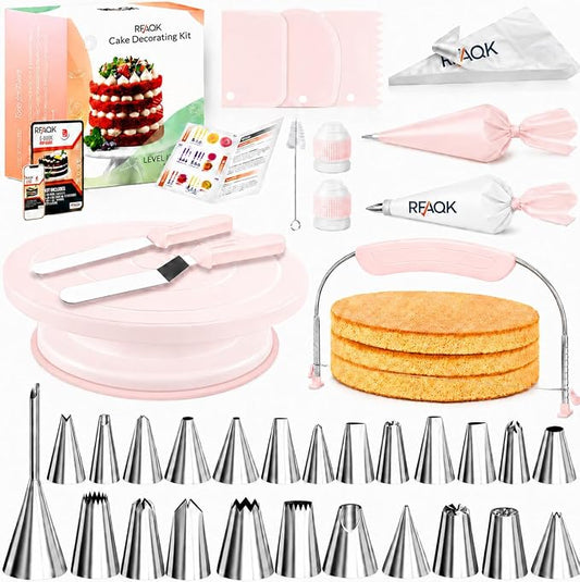 RFAQK 90PCs Cake Decorating Kit with Leveler, Baking Supplies Gift Includes Cake Stand Turntable, 24 Numbered Icing Tips, 55+1 Piping Bags, 2 Frosting Spatulas, 3 Scrappers, Video Course & Booklet