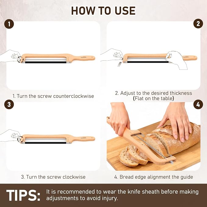 Woodever Adjustable Bread Knife for Home Use, Wooden Sourdough Bread Slicer for Homemade Bread with Bow Design, Premium Stainless Serrated Bread Cutter for Bagels and Baguettes-Natural