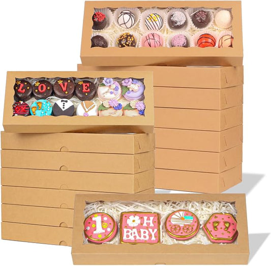 24pcs 12x5x1.5 Inch Borwn Cookies Boxes. with Window Bakery Boxes Macaron Boxes Chocolate Truffle Boxes Donut Treat Boxes Cakesickle Boxes for Christmas Valentine's Easter Mother's Day
