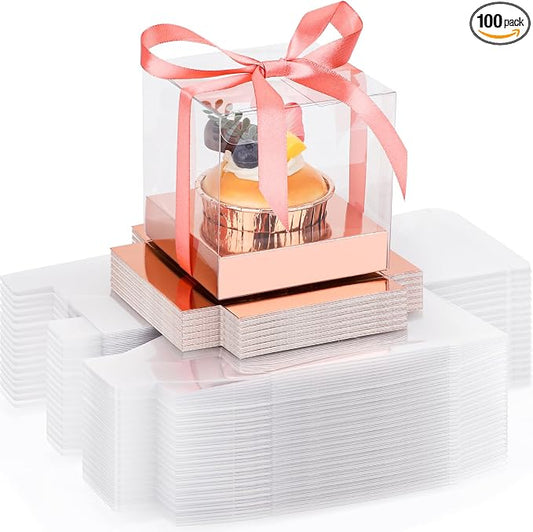EUSOAR Rose Cupcake Boxes, 100 Packs 3.5 Inch Clear Single Individual Pastry Cupcake Containers with Inserts, Dessert Muffins Holder Disposable Cake Carrier for Wedding Party Favor Decor-Rose Gold