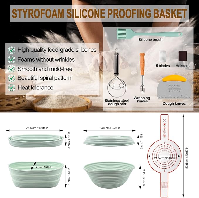Silicone Banneton Bread Proofing Basket Oval, Sourdough Starter Kit, Bread Making Tool Supplies Accessories, Bowl for Rising Baking Round Brotform Set Homemade Essentials (Light Green)