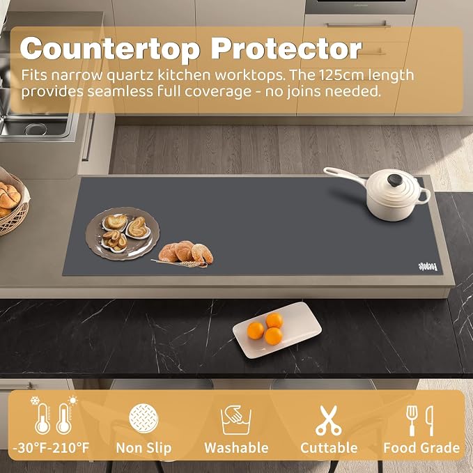 49.2" x 15.7" Large Silicone Mat for Kitchen Counter Protector, Cuttable Silicon Countertop Protector Mat Heat Resistant Mats for Countertop, Cut to Fit Placemat Ship Roll by Foepoge, Dark Grey