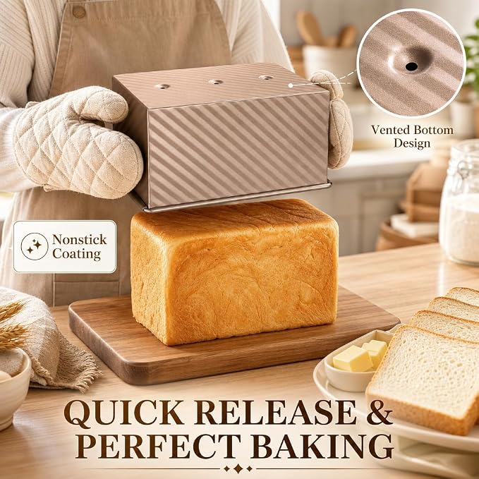 Pullman Loaf Pan with Lid, 1 LB Dough Capacity Non-Stick Bakeware, Bread Slicer for Homemade Bread, Carbon Steel Corrugated Gold Bread Toast Box Mold with Cover